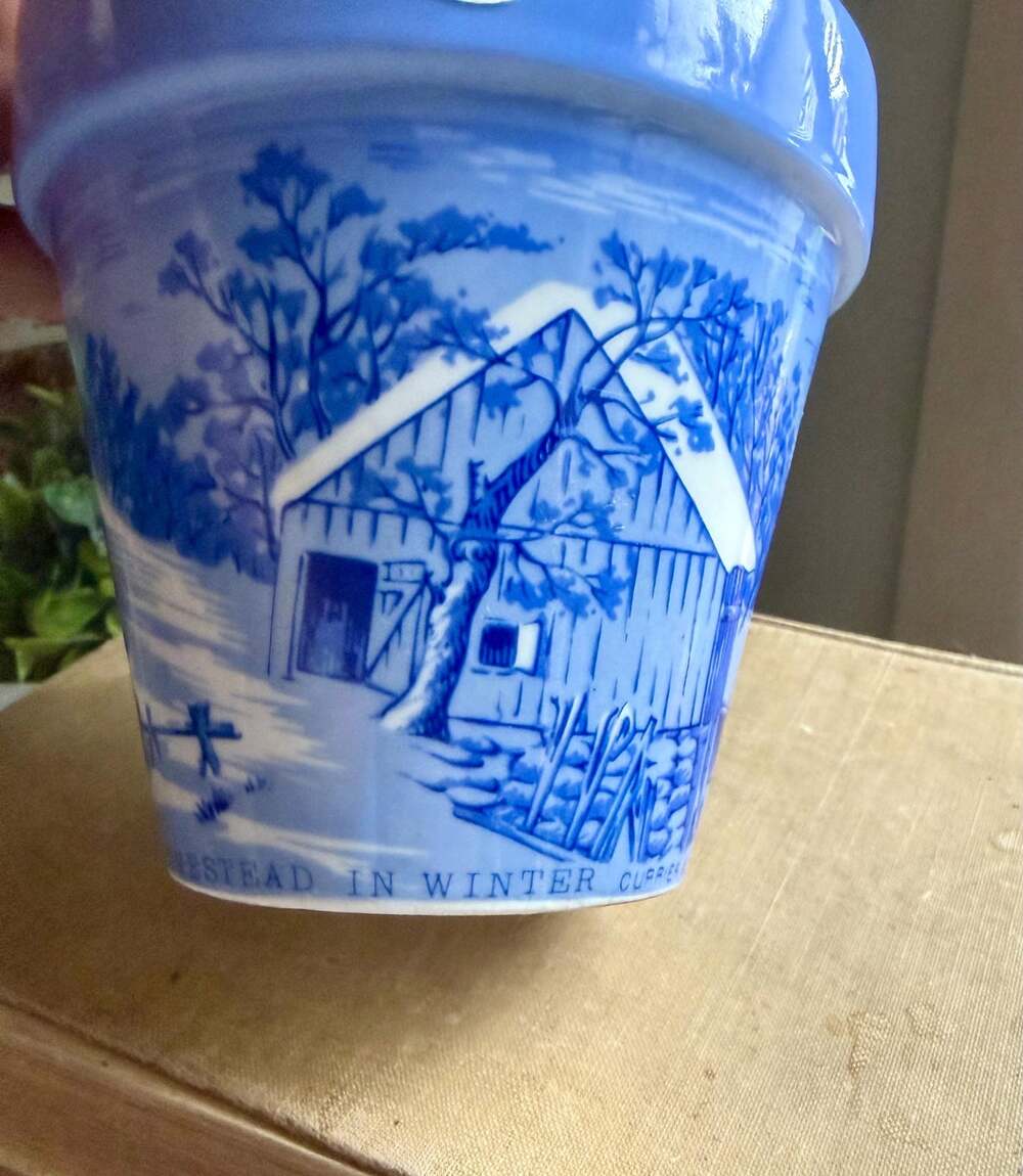 Currier & Ives Old Homestead Planter | Vintage Blue White Winter Scene Pot